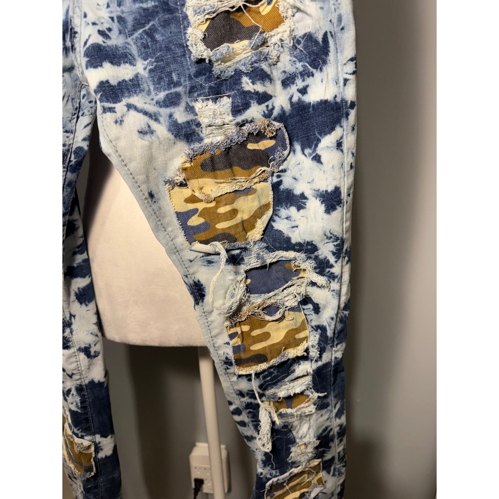 Waimea Mens Skinny Fit Distressed Tie Dye Camo Patch Jeans 18, Women 4-6 - Picture 2 of 8